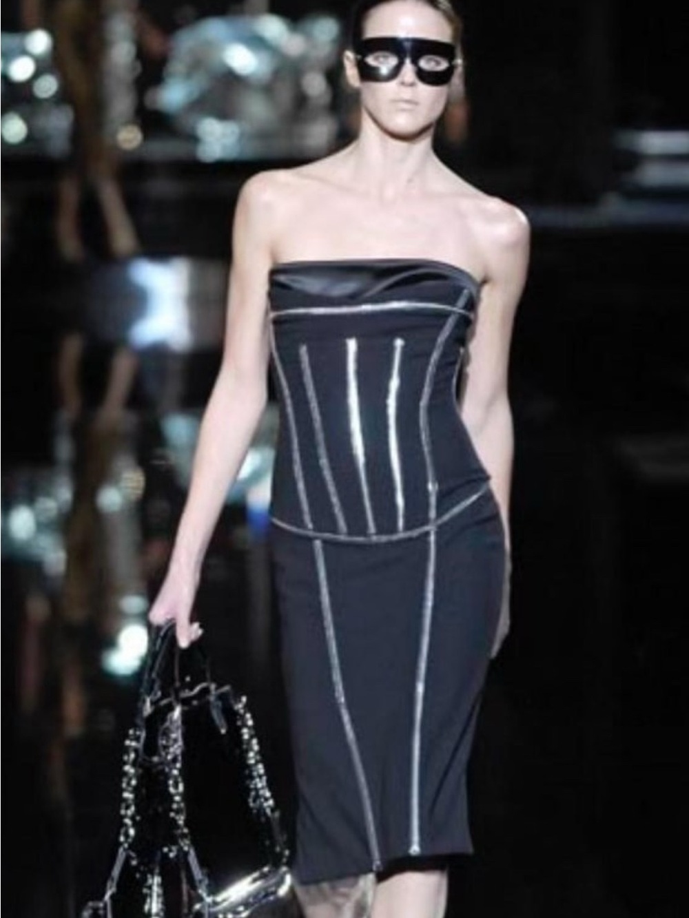 Dolce & Gabbana Black Cocktail Dress with Chain / Chains Trim Satin Bust Runway